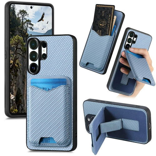 For Samsung Galaxy S26 Ultra Case Card Holder Kickstand Carbon Fiber Texture Back Cover - Blue - 1