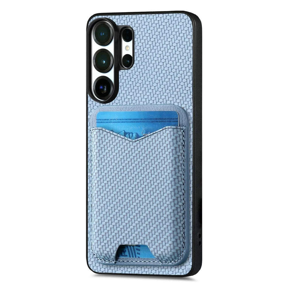 For Samsung Galaxy S26 Ultra Case Card Holder Kickstand Carbon Fiber Texture Back Cover - Blue - 2