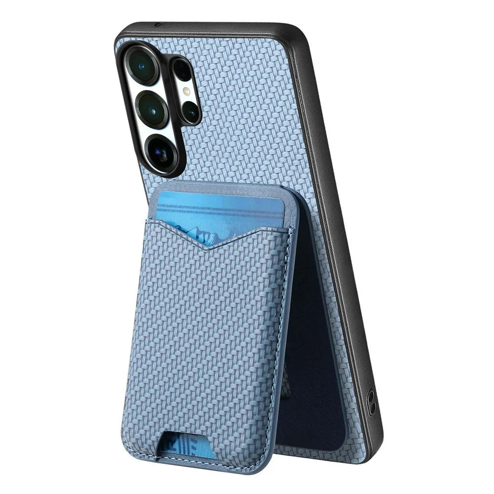 For Samsung Galaxy S26 Ultra Case Card Holder Kickstand Carbon Fiber Texture Back Cover - Blue - 5