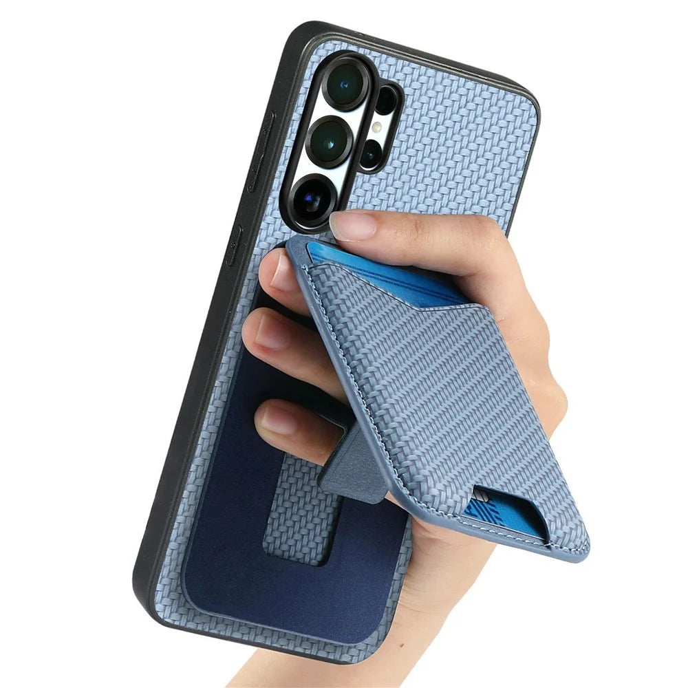 For Samsung Galaxy S26 Ultra Case Card Holder Kickstand Carbon Fiber Texture Back Cover - Blue - 6