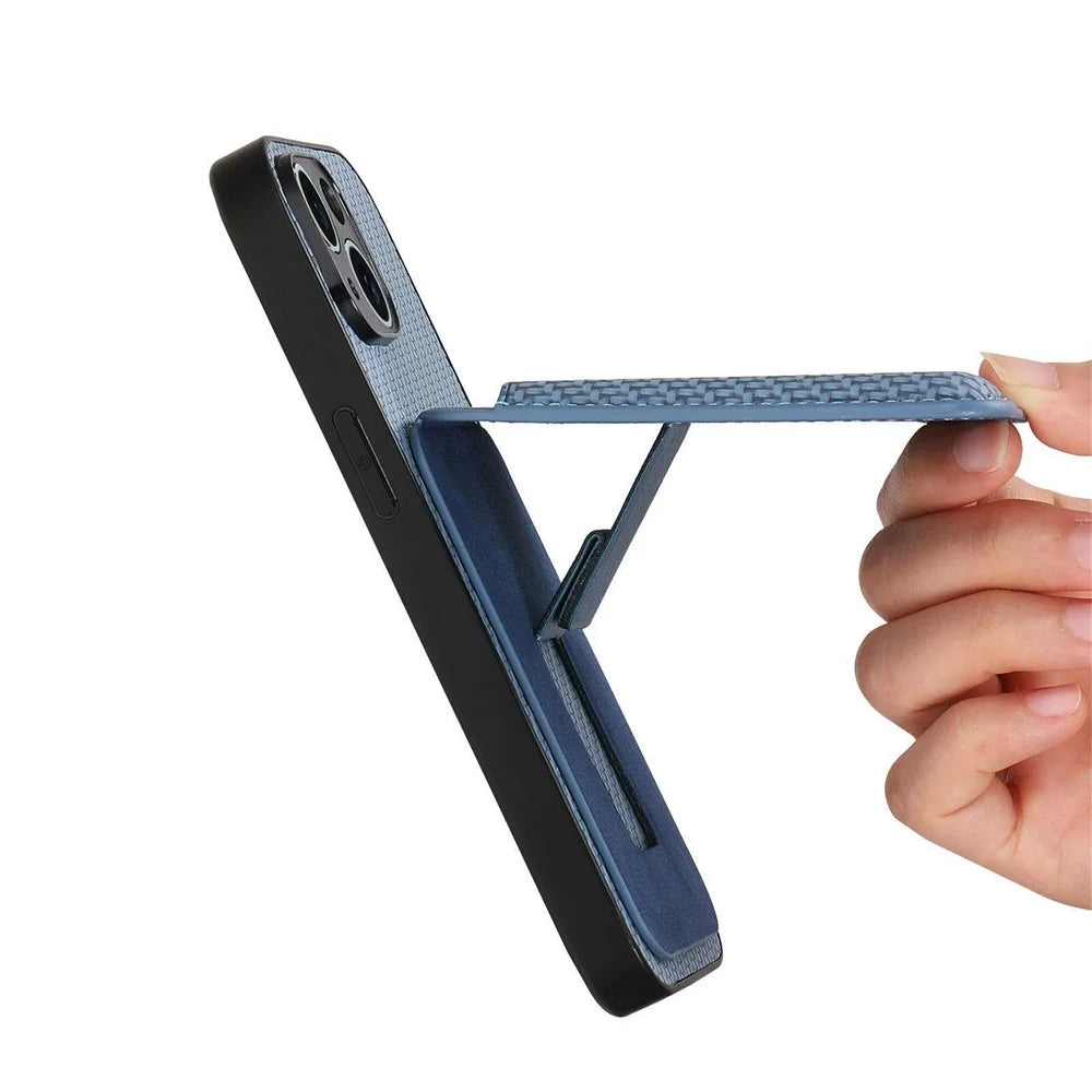 For Samsung Galaxy S26 Ultra Case Card Holder Kickstand Carbon Fiber Texture Back Cover - Blue - 7
