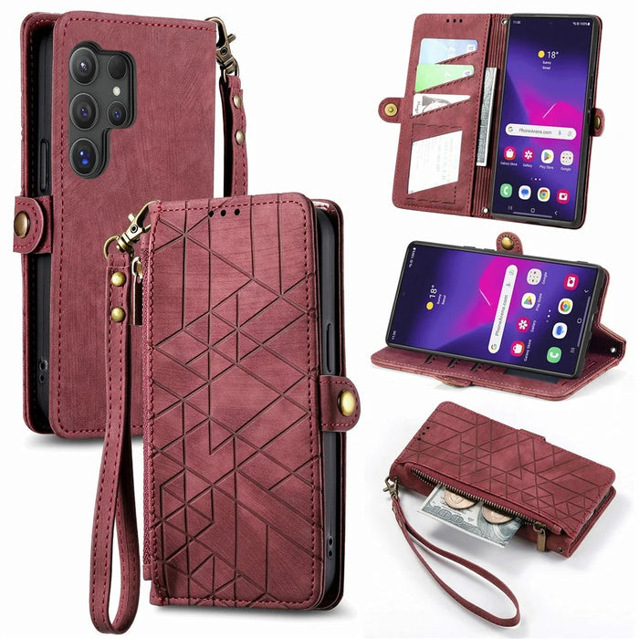 For Samsung Galaxy S26 Ultra Case Zipper Wallet Geometry Lines Leather Phone Cover with Strap - Red - 1