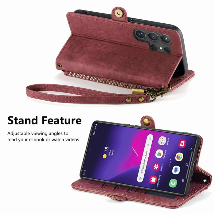 For Samsung Galaxy S26 Ultra Case Zipper Wallet Geometry Lines Leather Phone Cover with Strap - Red - 3