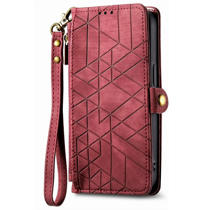 For Samsung Galaxy S26 Ultra Case Zipper Wallet Geometry Lines Leather Phone Cover with Strap - Red - 4