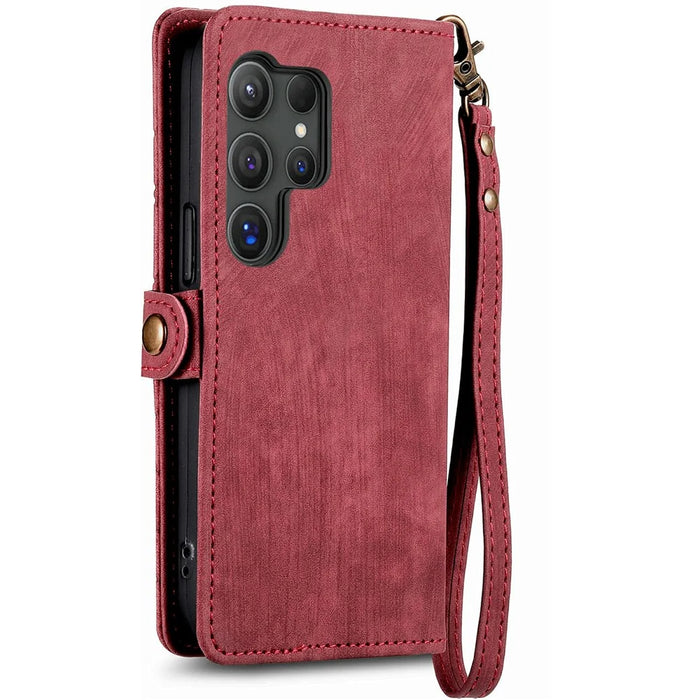 For Samsung Galaxy S26 Ultra Case Zipper Wallet Geometry Lines Leather Phone Cover with Strap - Red - 5