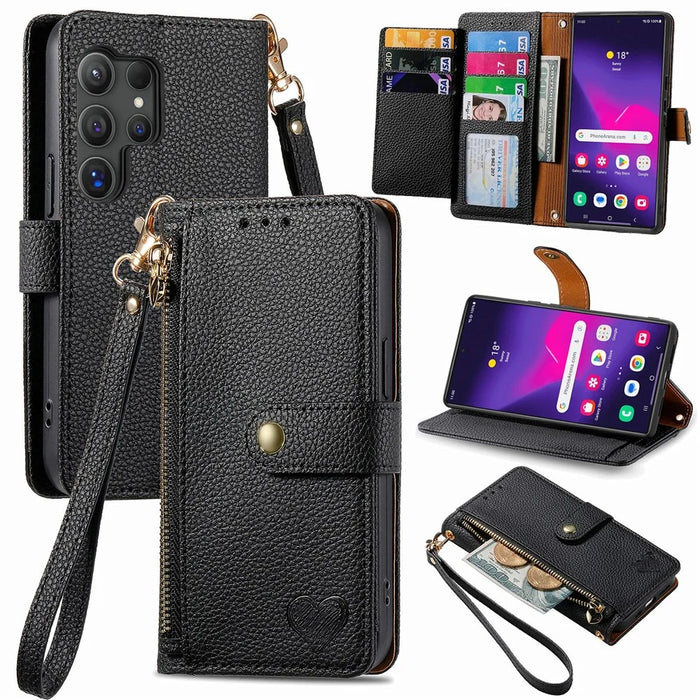 For Samsung Galaxy S26 Ultra Case RFID Blocking Zipper Pocket Leather Wallet Phone Cover with Strap - Black - 1
