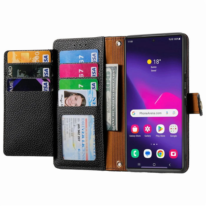 For Samsung Galaxy S26 Ultra Case RFID Blocking Zipper Pocket Leather Wallet Phone Cover with Strap - Black - 2