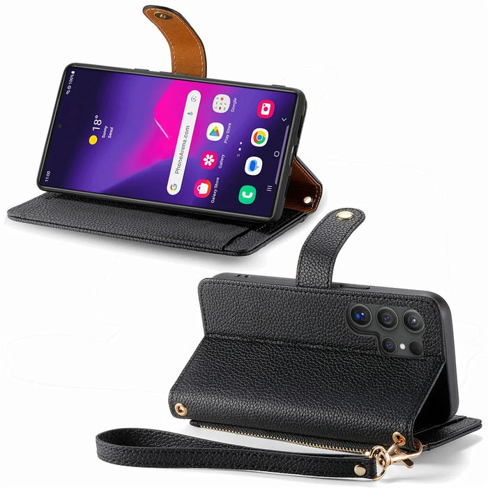 For Samsung Galaxy S26 Ultra Case RFID Blocking Zipper Pocket Leather Wallet Phone Cover with Strap - Black - 3