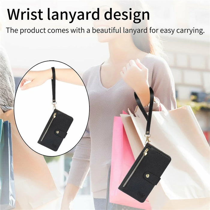 For Samsung Galaxy S26 Ultra Case RFID Blocking Zipper Pocket Leather Wallet Phone Cover with Strap - Black - 7
