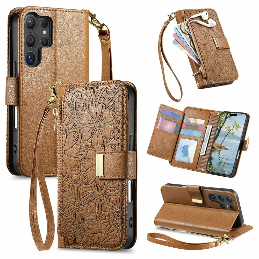 For Samsung Galaxy S26 Ultra 5G Case Floral Leaf Pattern Multi Card Slots Zipper Leather Phone Cover with Wrist Strap - Brown - 1