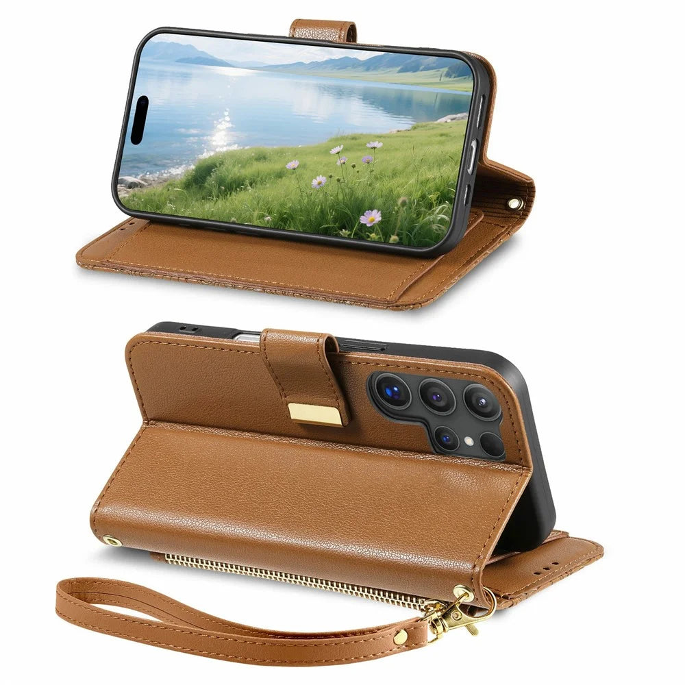For Samsung Galaxy S26 Ultra 5G Case Floral Leaf Pattern Multi Card Slots Zipper Leather Phone Cover with Wrist Strap - Brown - 4