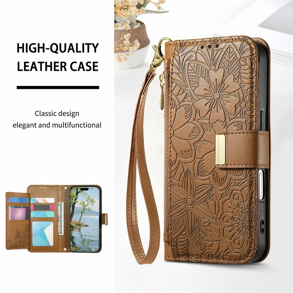 For Samsung Galaxy S26 Ultra 5G Case Floral Leaf Pattern Multi Card Slots Zipper Leather Phone Cover with Wrist Strap - Brown - 5