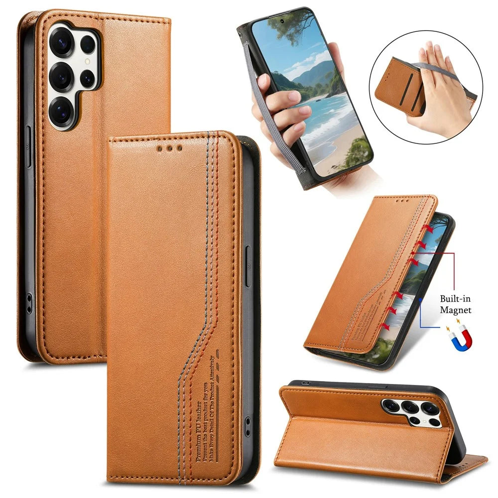 For Samsung Galaxy S26 Ultra Case Wallet Tri-Color Stitching Leather Phone Cover with Elastic Wristband - Brown - 1