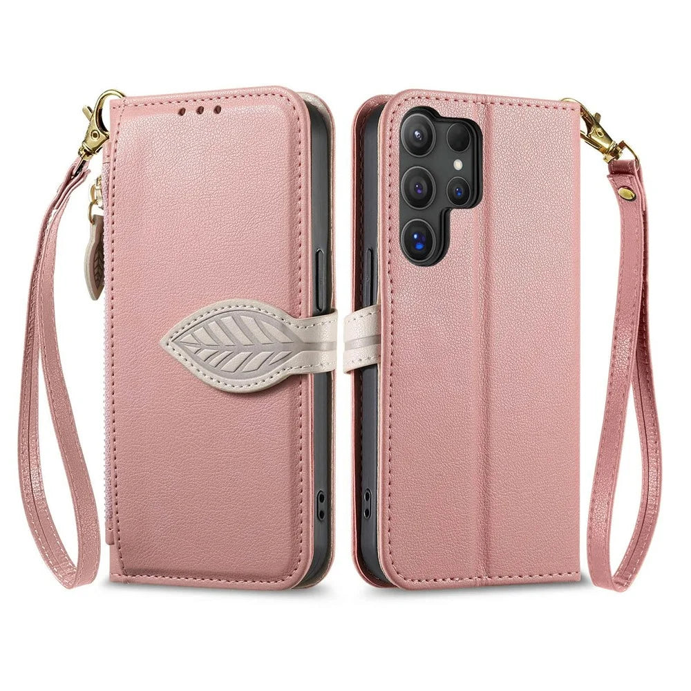 For Samsung Galaxy S26 Ultra Stand Case Leaf Shape Magnetic Clasp Leather Phone Cover with Hand Strap - Rose Gold - 1