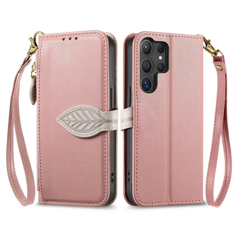 For Samsung Galaxy S26 Ultra Stand Case Leaf Shape Magnetic Clasp Leather Phone Cover with Hand Strap - Rose Gold - 1