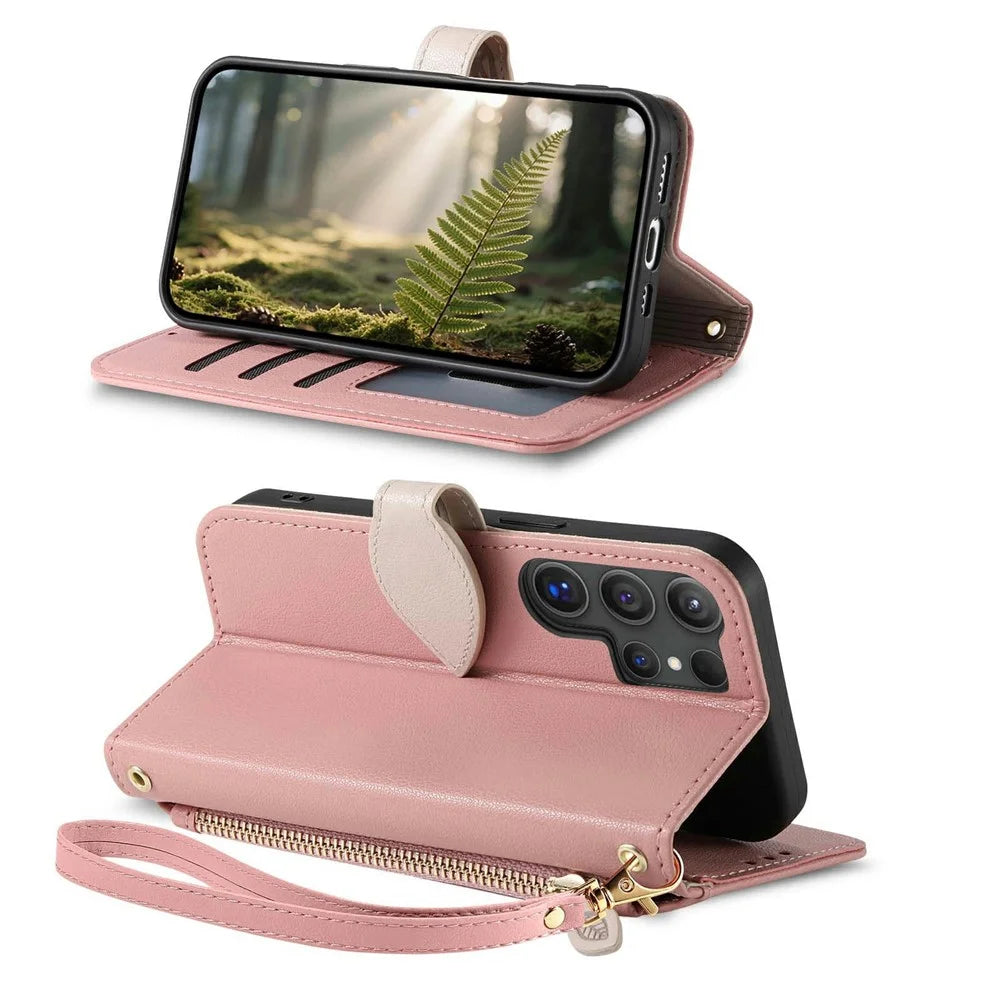 For Samsung Galaxy S26 Ultra Stand Case Leaf Shape Magnetic Clasp Leather Phone Cover with Hand Strap - Rose Gold - 3