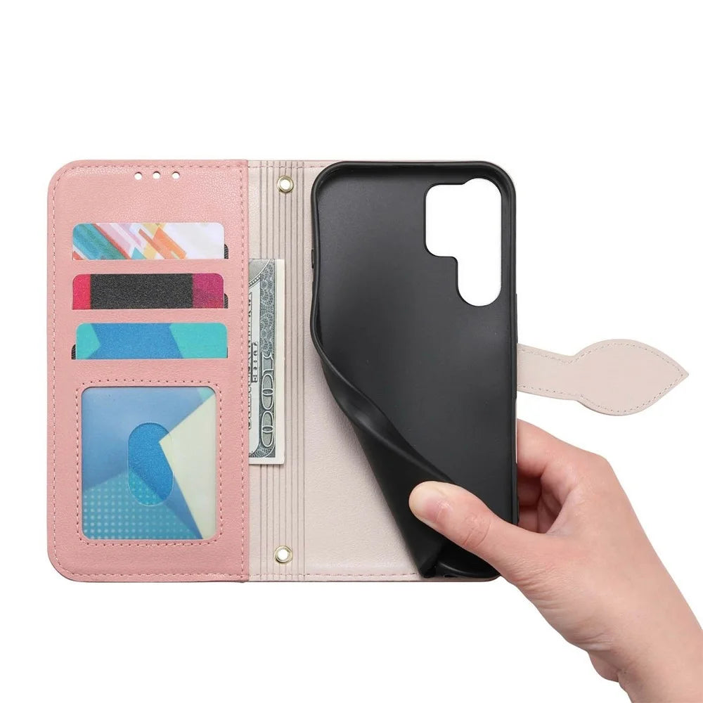 For Samsung Galaxy S26 Ultra Stand Case Leaf Shape Magnetic Clasp Leather Phone Cover with Hand Strap - Rose Gold - 4