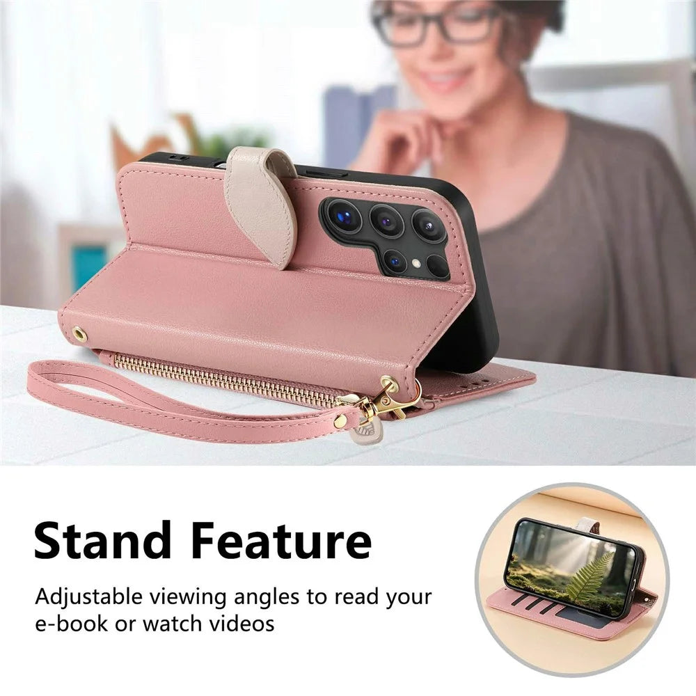 For Samsung Galaxy S26 Ultra Stand Case Leaf Shape Magnetic Clasp Leather Phone Cover with Hand Strap - Rose Gold - 7