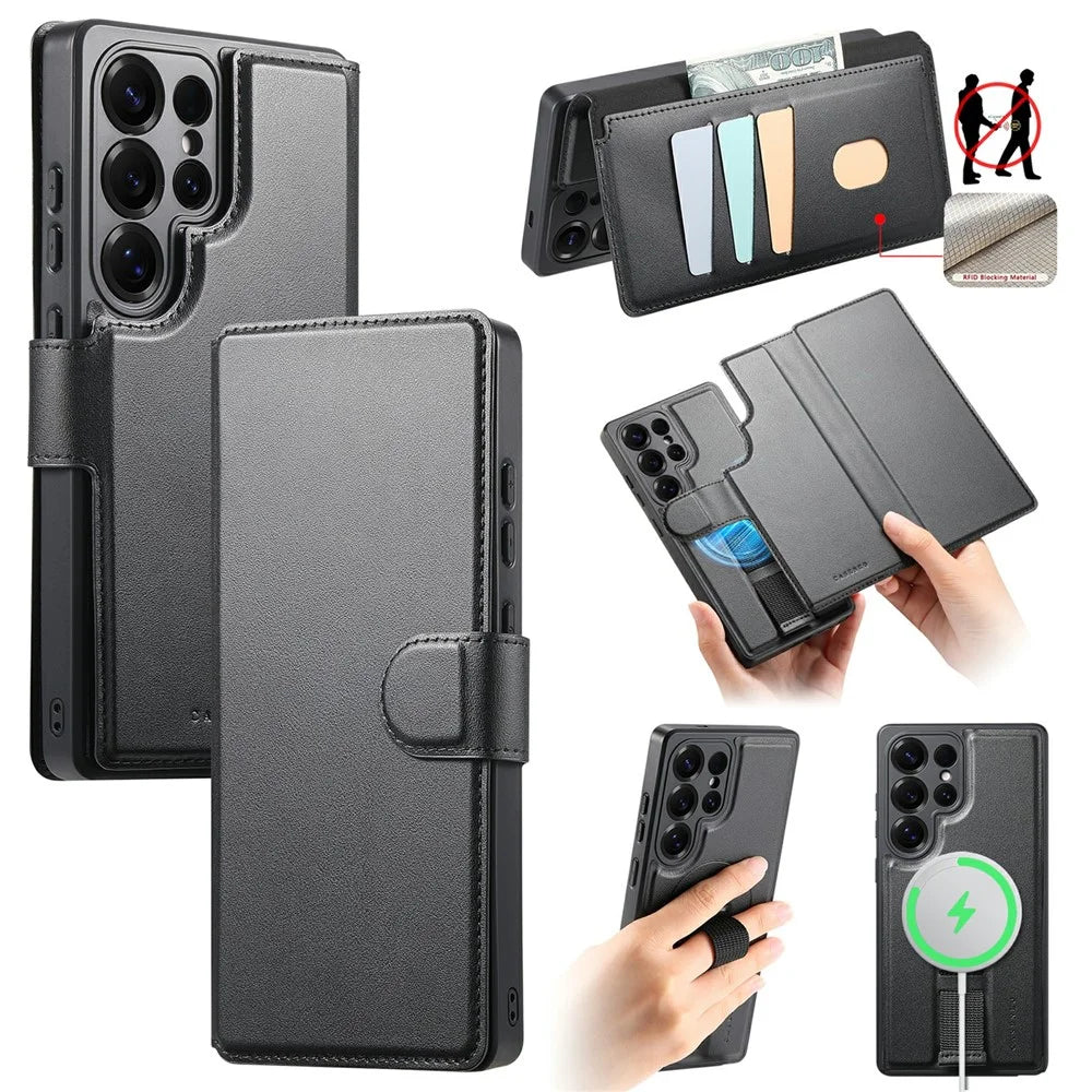 CASENEO For Samsung Galaxy S26 Ultra Magnetic Case RFID Blocking Wallet Detachable Leather Phone Cover with Wristband - Black - 1