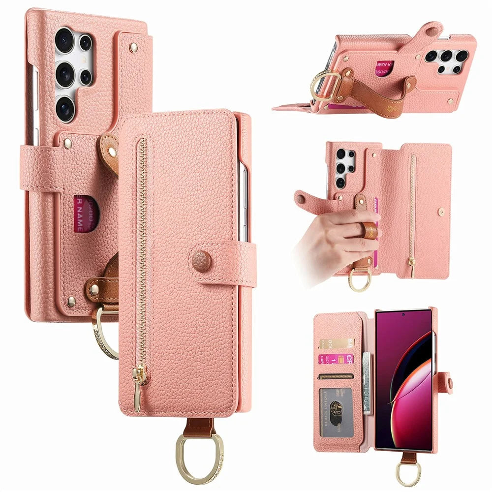 For Samsung Galaxy S26 Ultra Case RFID Blocking Zipper Wallet PU Leather Mobile Cover - Pink - 1