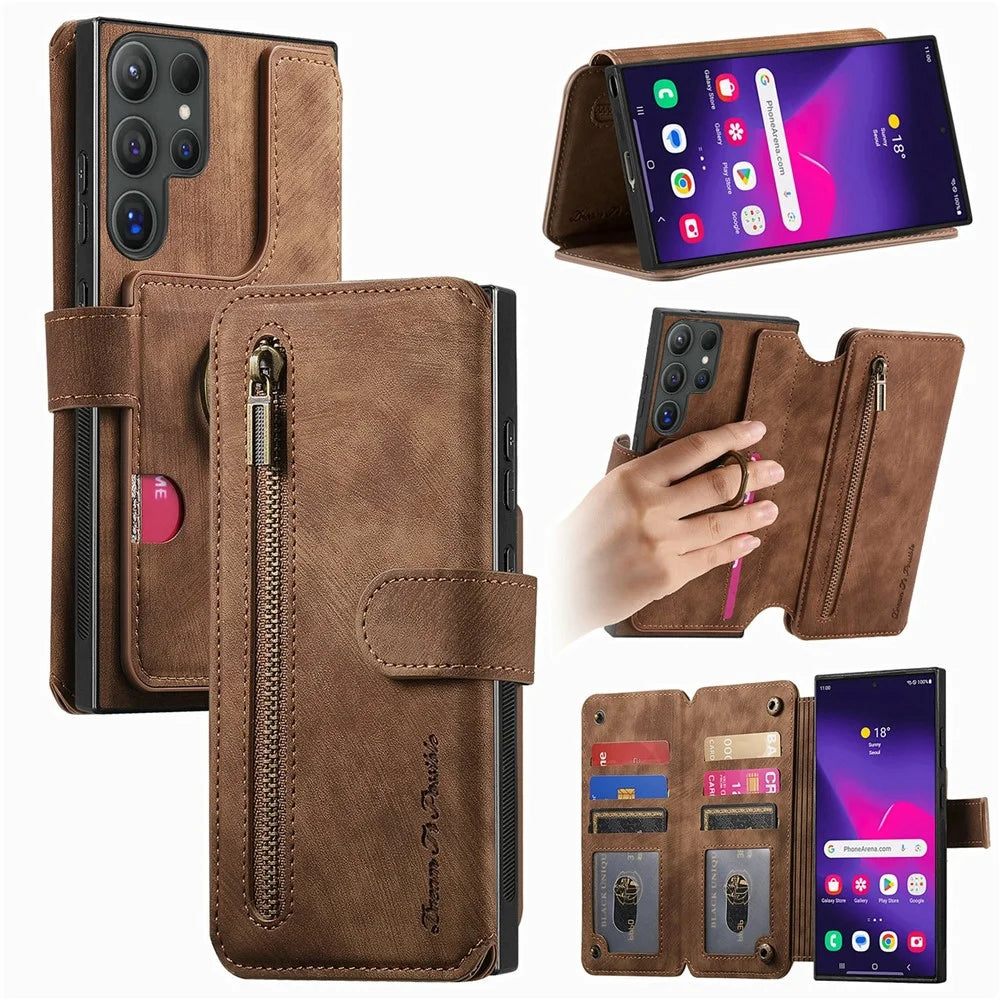 For Samsung Galaxy S26 Ultra Leather Case Phone Back Cover with RFID Blocking Zipper Wallet Kickstand - Brown - 1