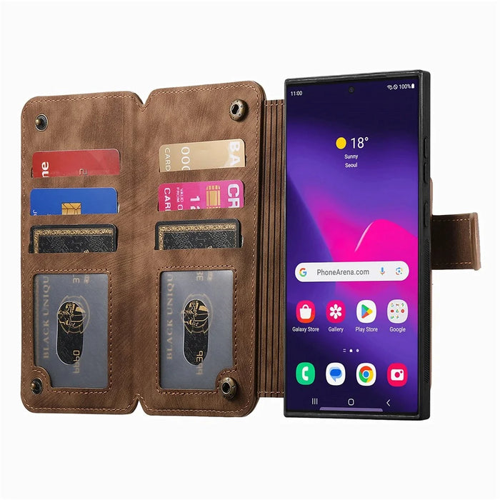 For Samsung Galaxy S26 Ultra Leather Case Phone Back Cover with RFID Blocking Zipper Wallet Kickstand - Brown - 2