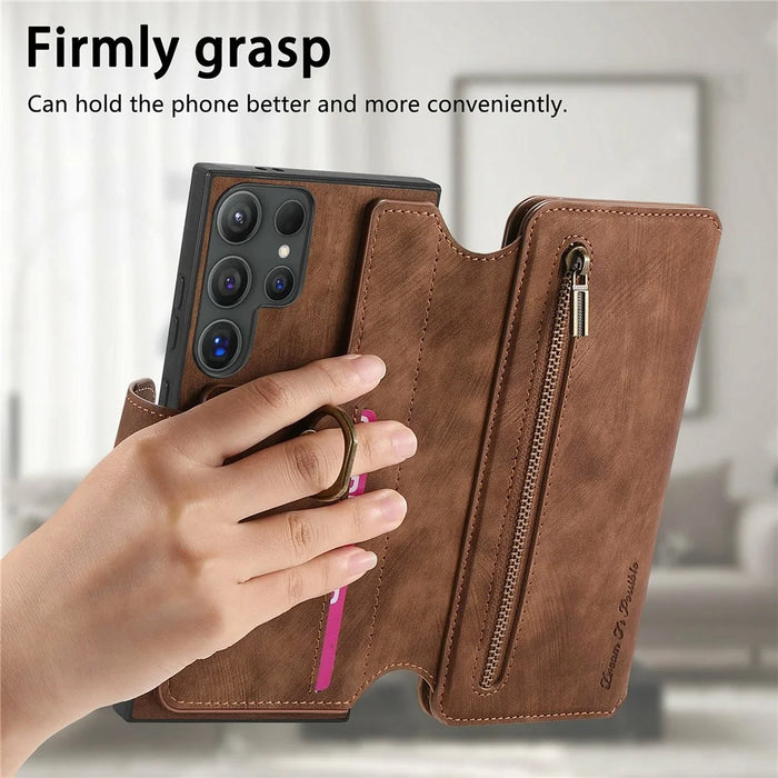 For Samsung Galaxy S26 Ultra Leather Case Phone Back Cover with RFID Blocking Zipper Wallet Kickstand - Brown - 6
