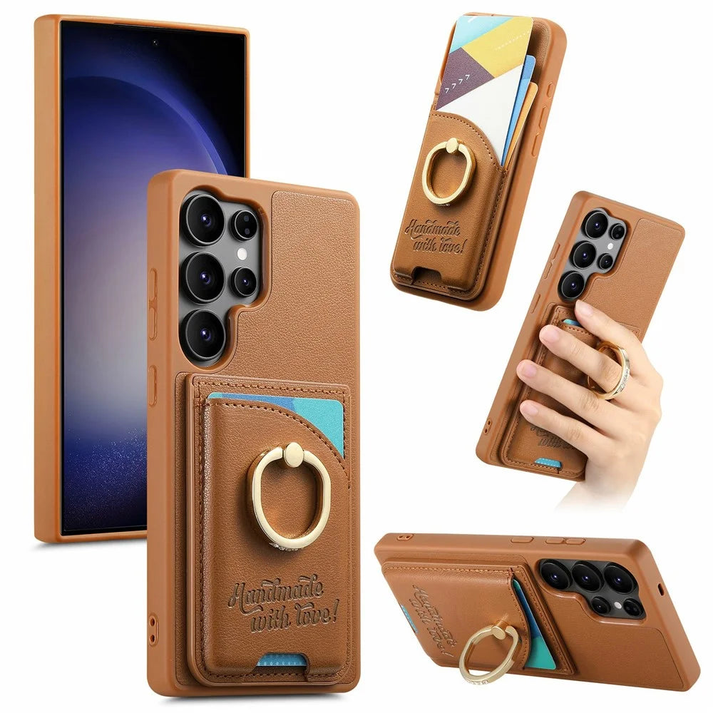 For Samsung Galaxy Galaxy S26 Ultra Case Card Holder Rhinestone Ring Holder Kickstand Leather Back Phone Cover - Brown - 1