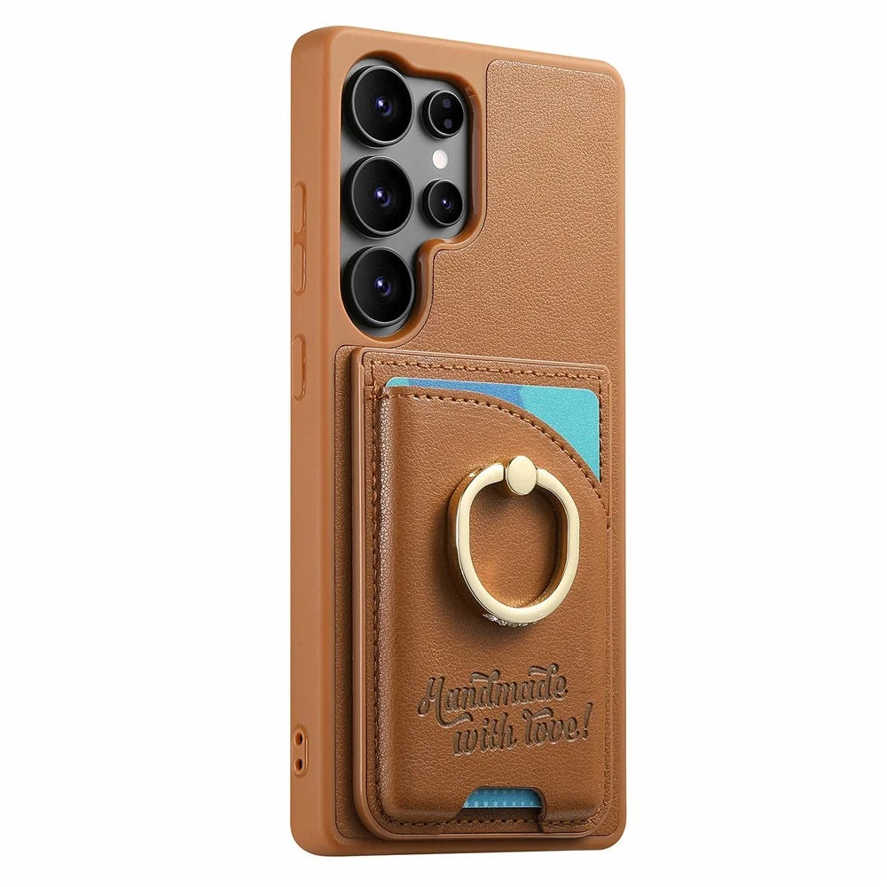 For Samsung Galaxy Galaxy S26 Ultra Case Card Holder Rhinestone Ring Holder Kickstand Leather Back Phone Cover - Brown - 2