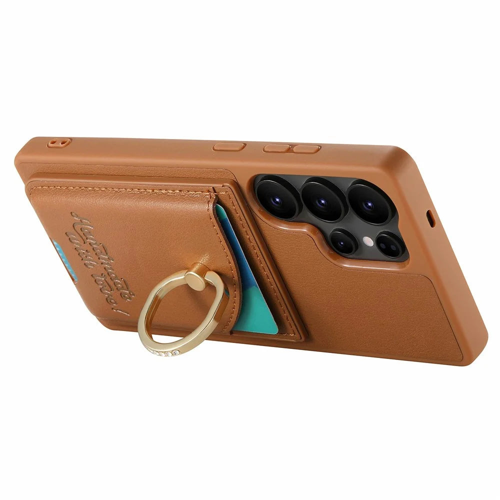For Samsung Galaxy Galaxy S26 Ultra Case Card Holder Rhinestone Ring Holder Kickstand Leather Back Phone Cover - Brown - 4
