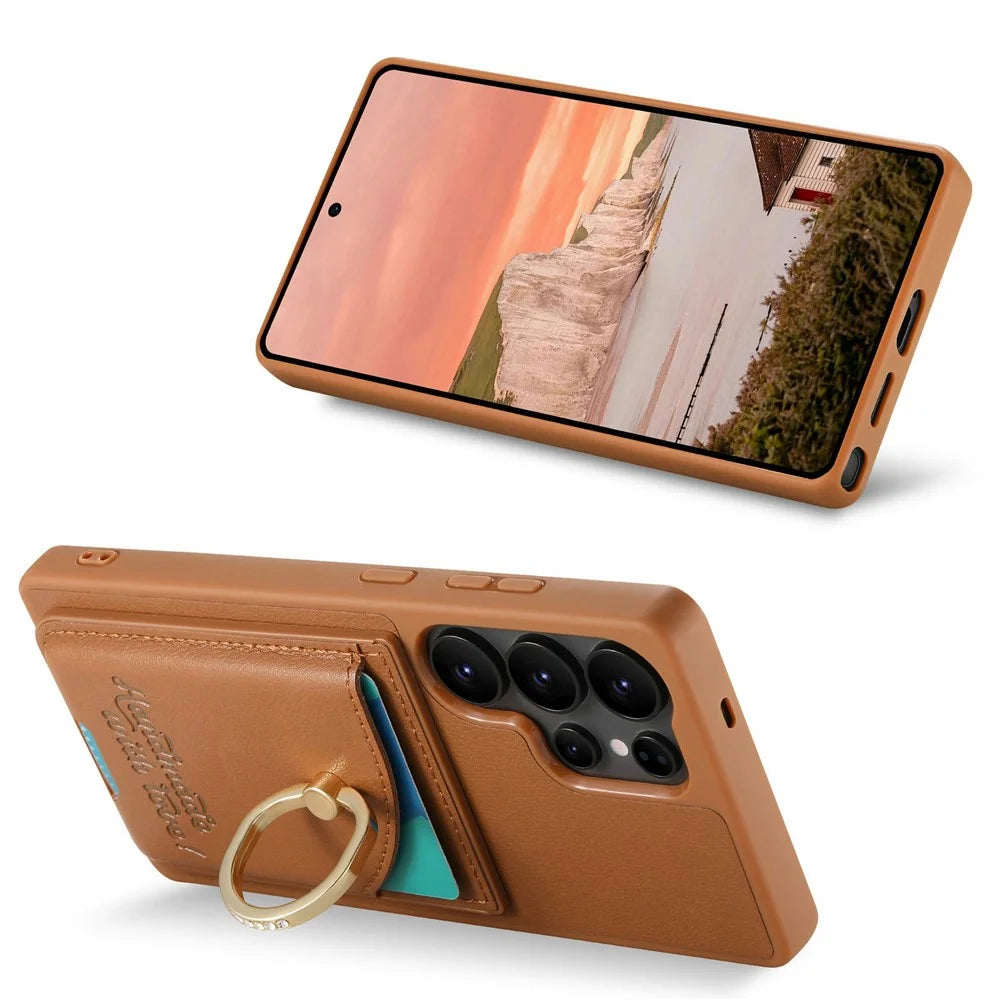 For Samsung Galaxy Galaxy S26 Ultra Case Card Holder Rhinestone Ring Holder Kickstand Leather Back Phone Cover - Brown - 6