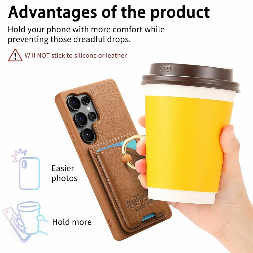 For Samsung Galaxy Galaxy S26 Ultra Case Card Holder Rhinestone Ring Holder Kickstand Leather Back Phone Cover - Brown - 7