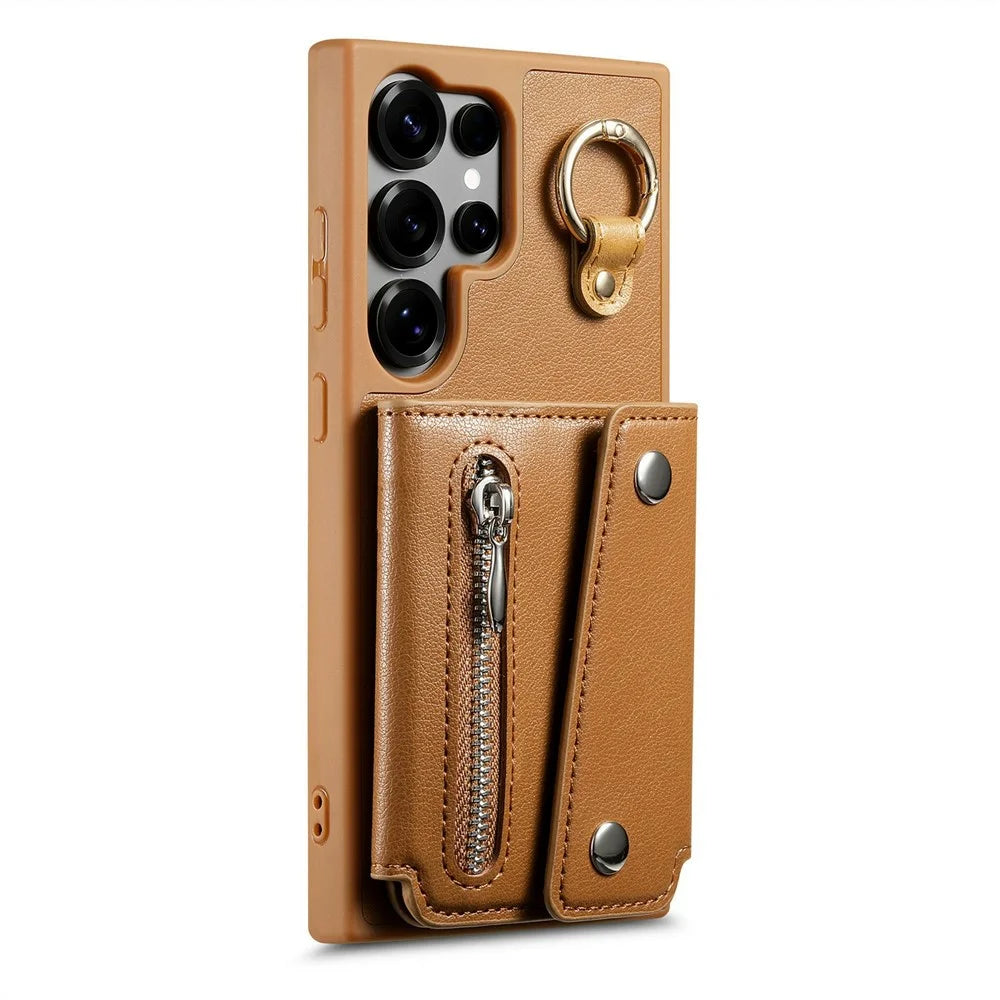 For Samsung Galaxy S26 Ultra Case D-Ring Holder Leather + PC + TPU Phone Cover with Wallet Kickstand - Brown - 2