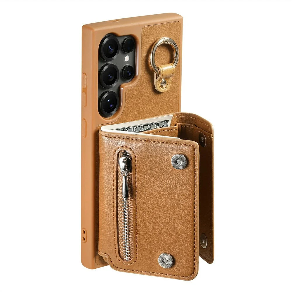 For Samsung Galaxy S26 Ultra Case D-Ring Holder Leather + PC + TPU Phone Cover with Wallet Kickstand - Brown - 4