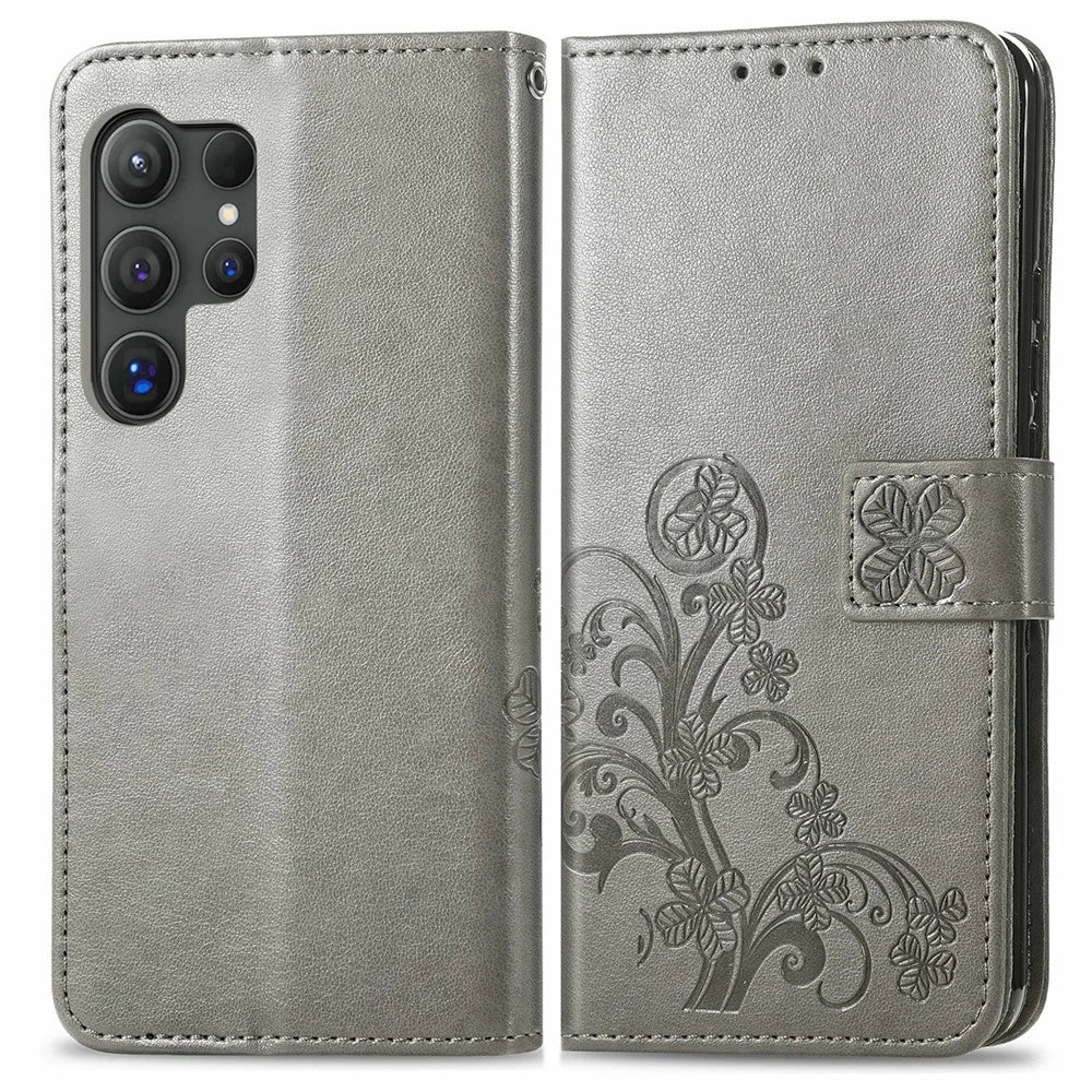 For Samsung Galaxy S26 Ultra Leather Case Four-Leaf Clover Wallet Phone Coverv - Grey - 1