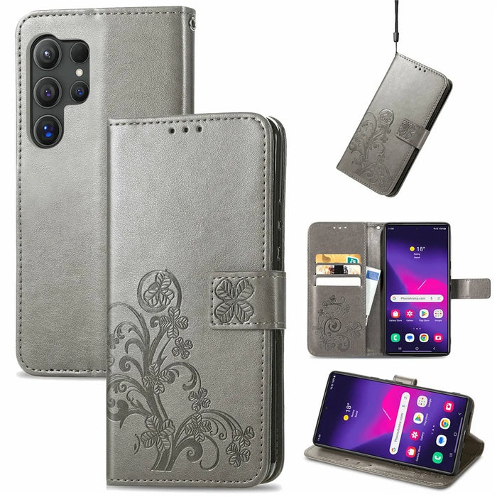 For Samsung Galaxy S26 Ultra Leather Case Four-Leaf Clover Wallet Phone Coverv - Grey - 4