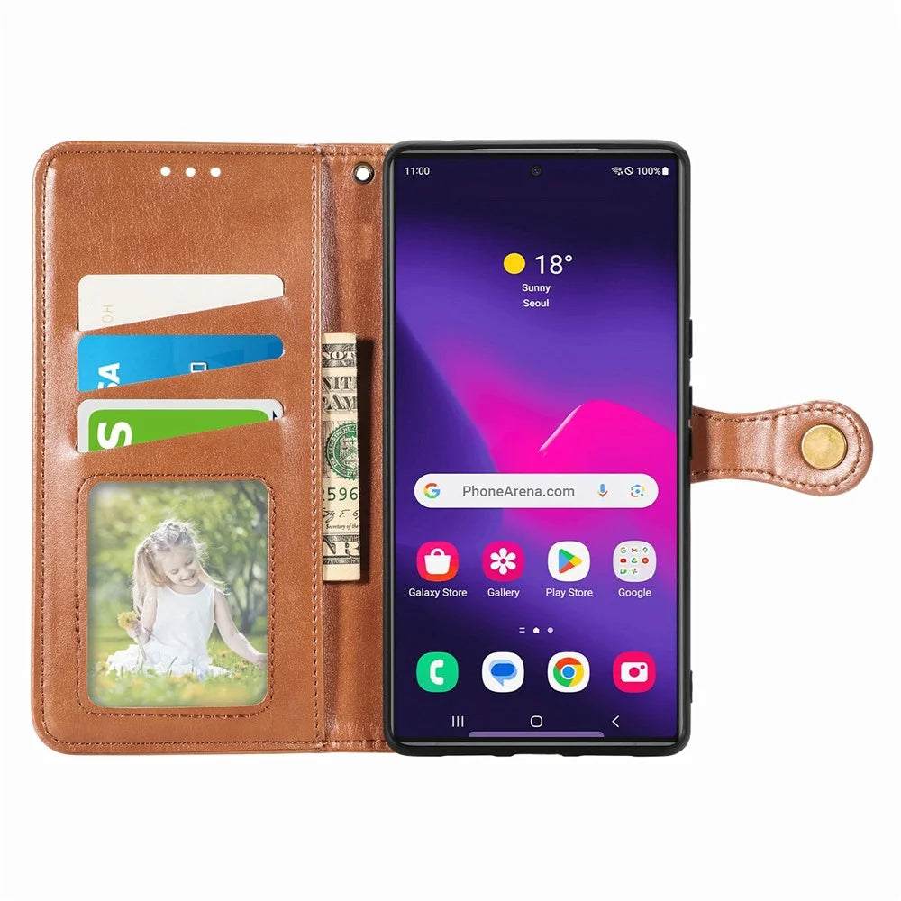 For Samsung Galaxy S26 Ultra Case Wallet Stand Leather Phone Cover with Wrist Strap - Brown - 2