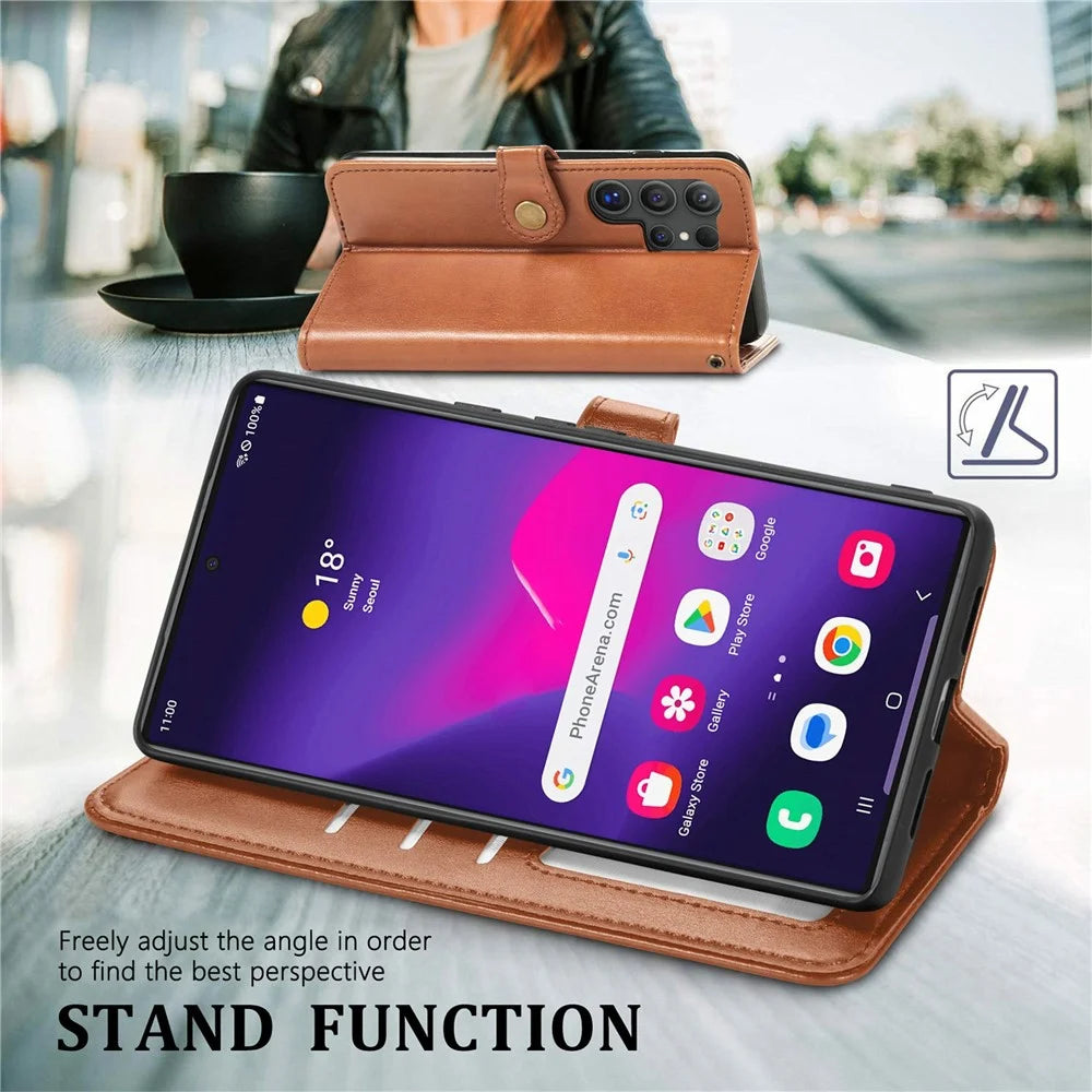 For Samsung Galaxy S26 Ultra Case Wallet Stand Leather Phone Cover with Wrist Strap - Brown - 4