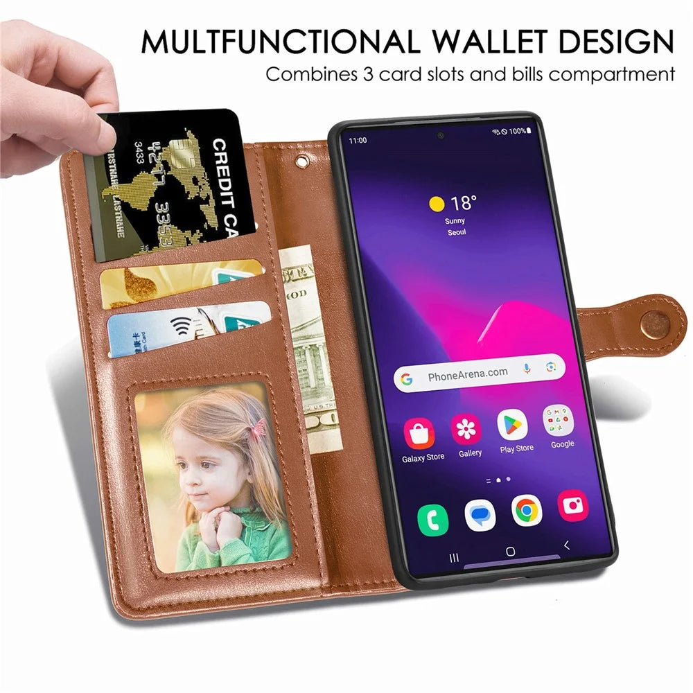 For Samsung Galaxy S26 Ultra Case Wallet Stand Leather Phone Cover with Wrist Strap - Brown - 5
