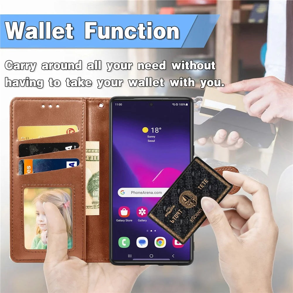 For Samsung Galaxy S26 Ultra Case Wallet Stand Leather Phone Cover with Wrist Strap - Brown - 6