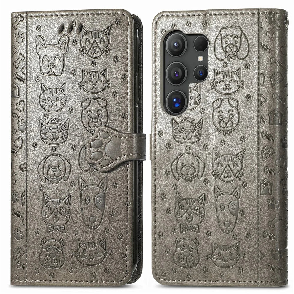 For Samsung Galaxy S26 Ultra Case Flip Wallet Leather Phone Cover with Cute Cat Dog Pattern - Grey - 1