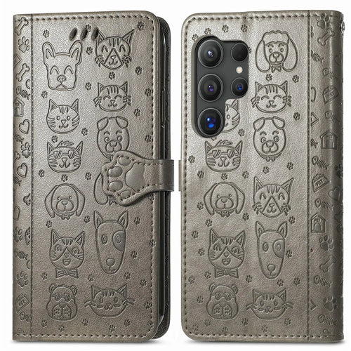 For Samsung Galaxy S26 Ultra Case Flip Wallet Leather Phone Cover with Cute Cat Dog Pattern - Grey - 1