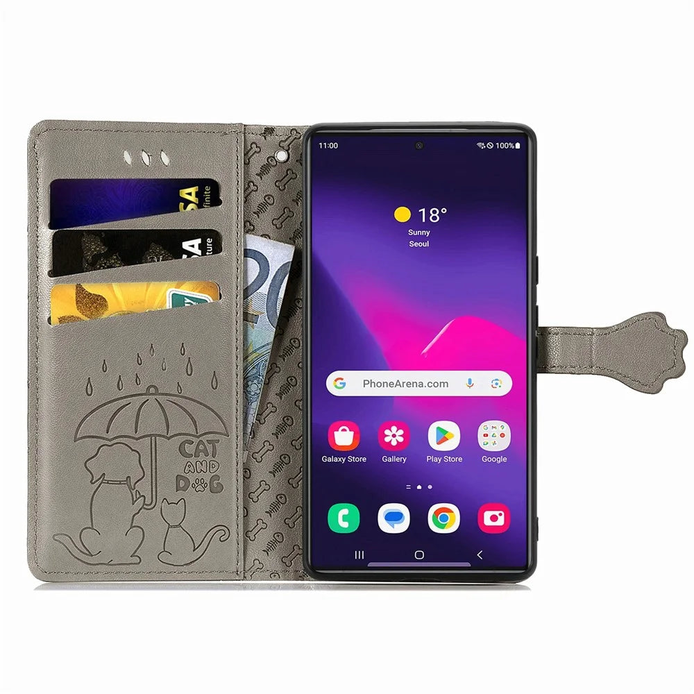 For Samsung Galaxy S26 Ultra Case Flip Wallet Leather Phone Cover with Cute Cat Dog Pattern - Grey - 2