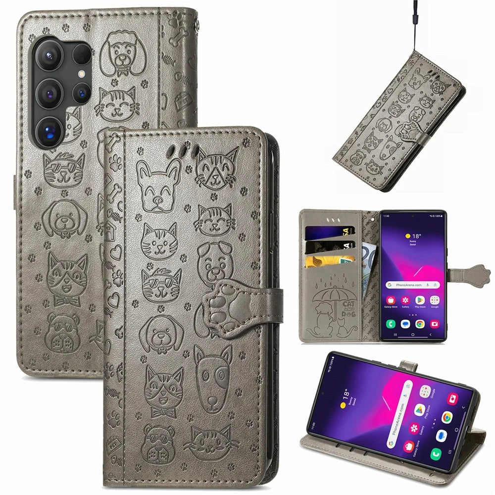For Samsung Galaxy S26 Ultra Case Flip Wallet Leather Phone Cover with Cute Cat Dog Pattern - Grey - 4
