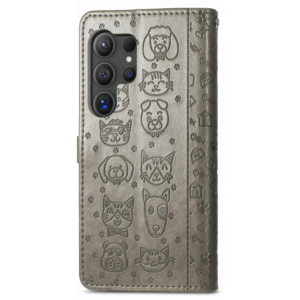 For Samsung Galaxy S26 Ultra Case Flip Wallet Leather Phone Cover with Cute Cat Dog Pattern - Grey - 6