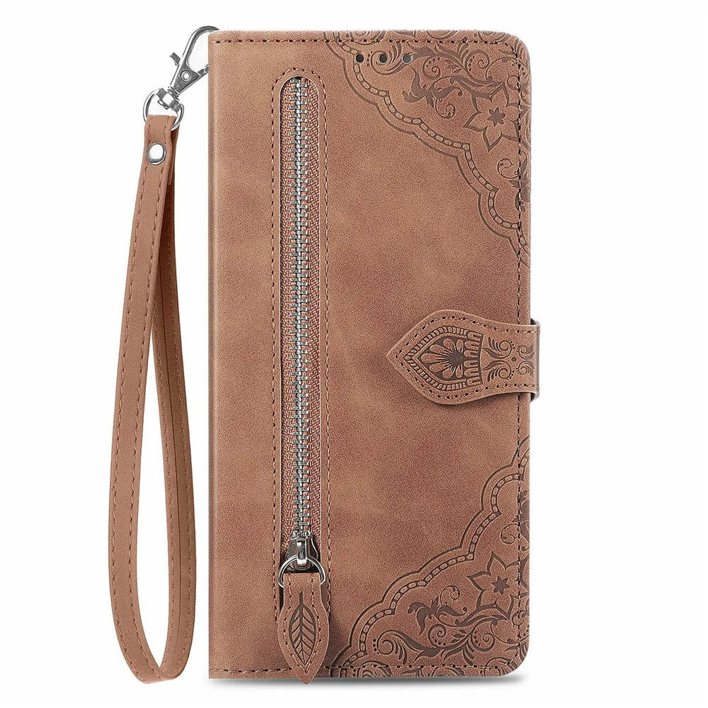 For Samsung Galaxy S26 Ultra Zipper Wallet Case with Strap Flower Imprint PU Leather Phone Cover - Brown - 5