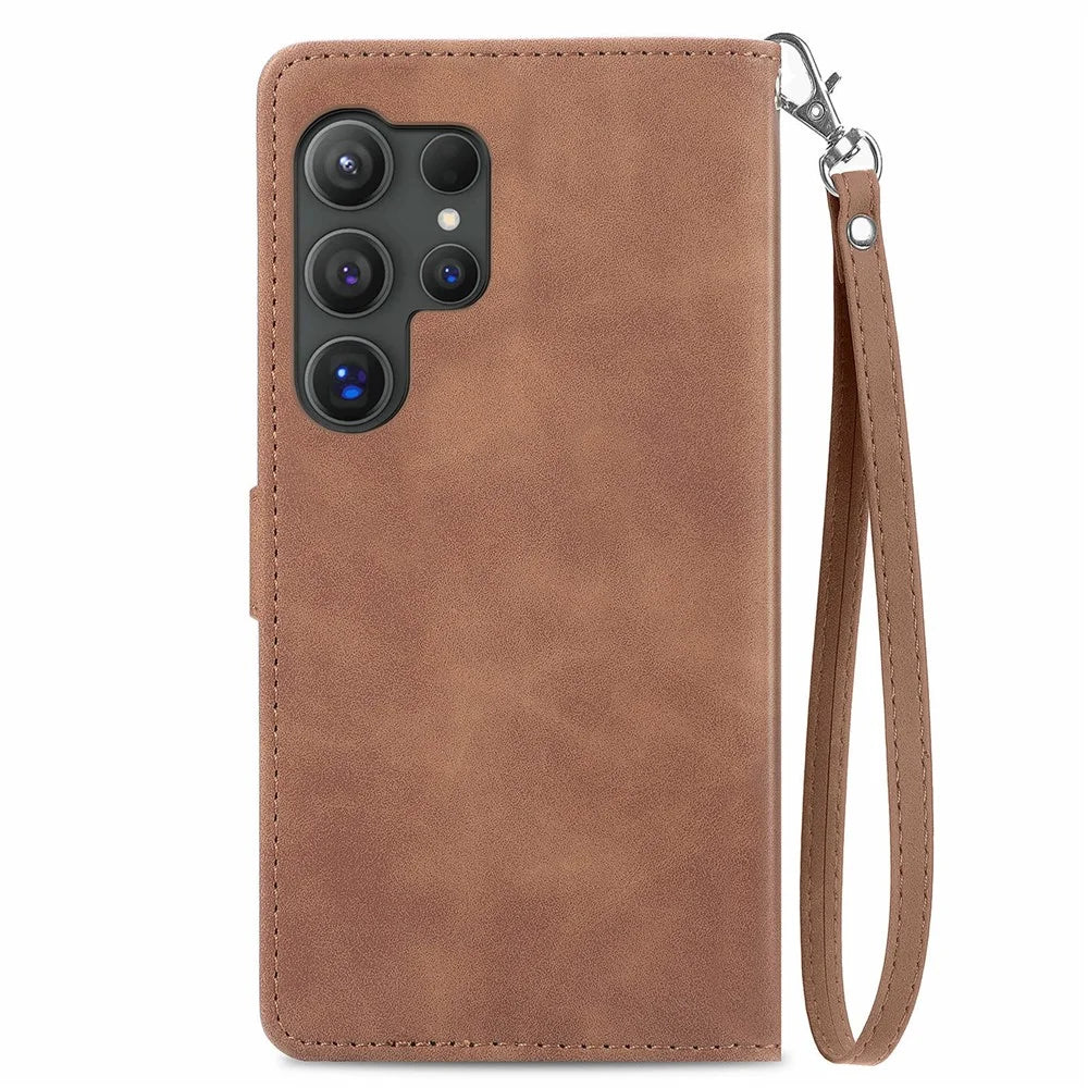 For Samsung Galaxy S26 Ultra Zipper Wallet Case with Strap Flower Imprint PU Leather Phone Cover - Brown - 6