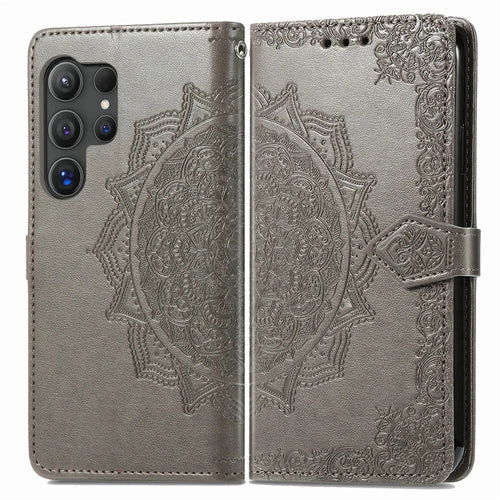 For Samsung Galaxy S26 Ultra Wallet Case Mandala Flower Leather Phone Cover Stand - Grey - 1
