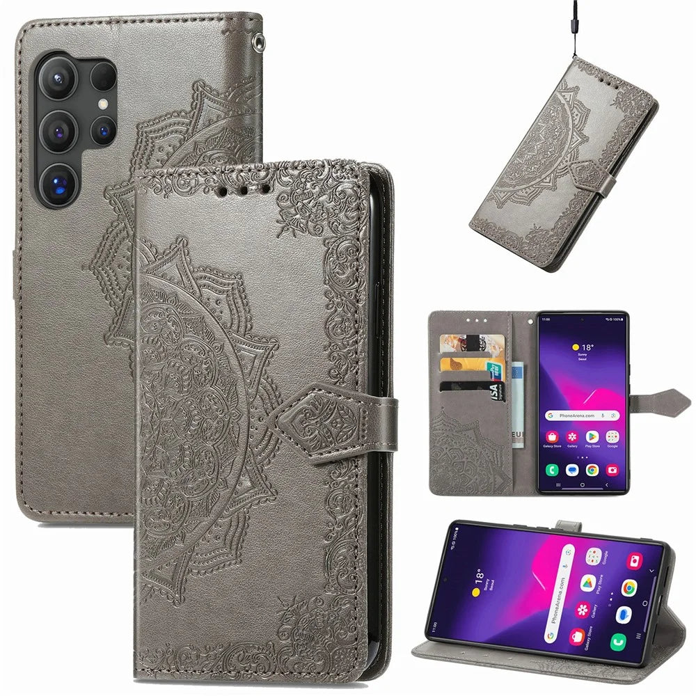For Samsung Galaxy S26 Ultra Wallet Case Mandala Flower Leather Phone Cover Stand - Grey - 4