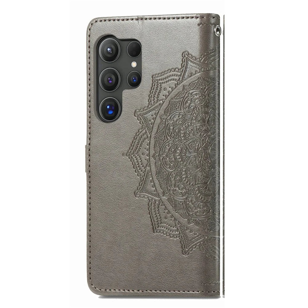 For Samsung Galaxy S26 Ultra Wallet Case Mandala Flower Leather Phone Cover Stand - Grey - 6